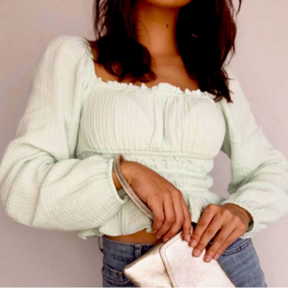 Light Green Blouse Cottage Core Off Shoulder Puff Sleeve
